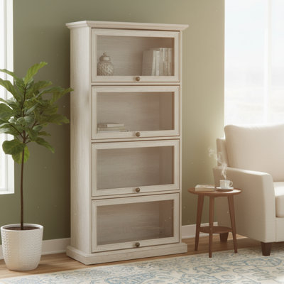 White 4-tier Glass Cabinet, Flip-top Door Design For Displaying Collections, Also Serves As Toy Storage Rack And Bookshelf, Suitable For Living Room Use
