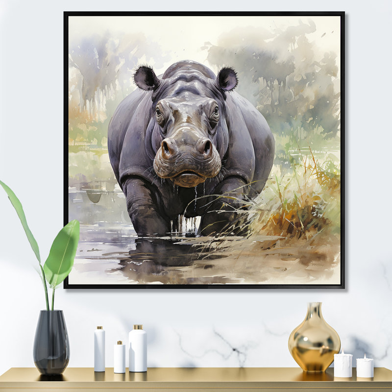 Hippopotame gris serein majestueux - Hippopotame, Cadre flottant noir, H 30 po x l 30 po
