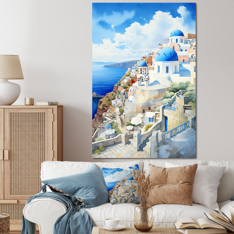 «Greek Isles Coastal Village Dreams I», art mural Grèce, Cadre photo argenté, H 40 po x l 30 po