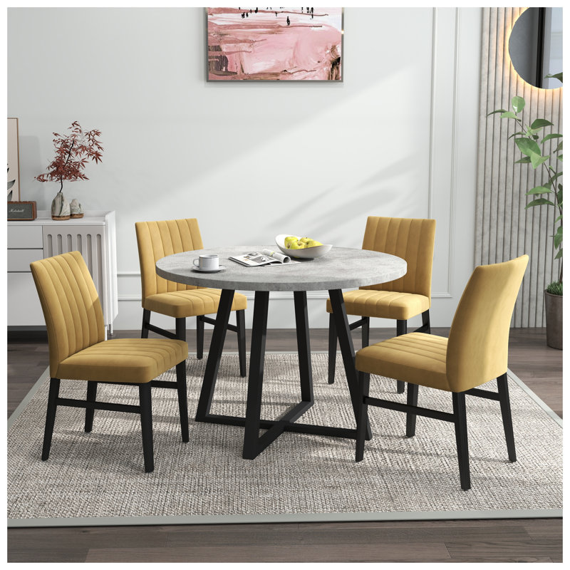 Ensemble de salle à manger 5 pièces Edo avec table à tréteaux ronde et 4 chaises rembourrées, jaune