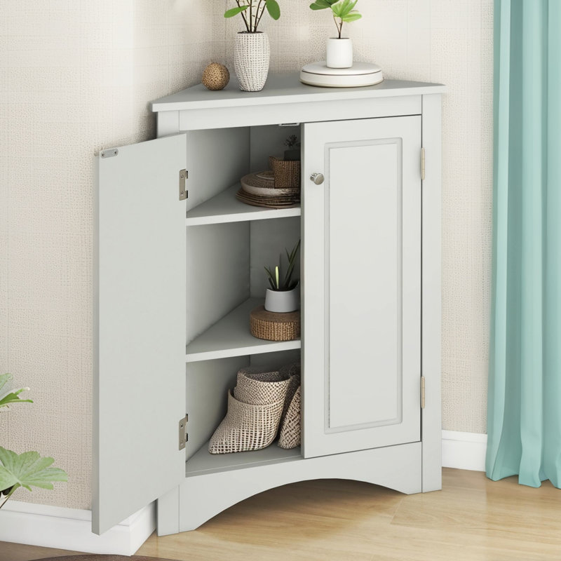 Triangle Bathroom Storage Cabinet with Adjustable Shelves, Freestanding Floor Cabinet for Home Kitchen, Gray