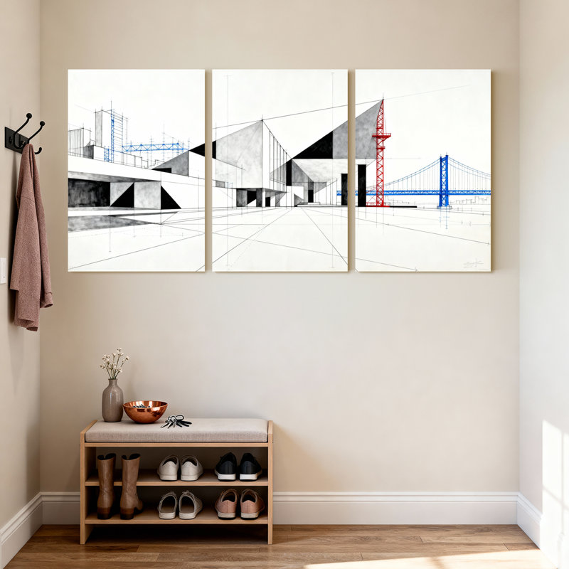 Ensemble de 3 croquis architecturaux modernes sur toile tendue pour décor de bureau ou de studio, H 36 po x l 72 po