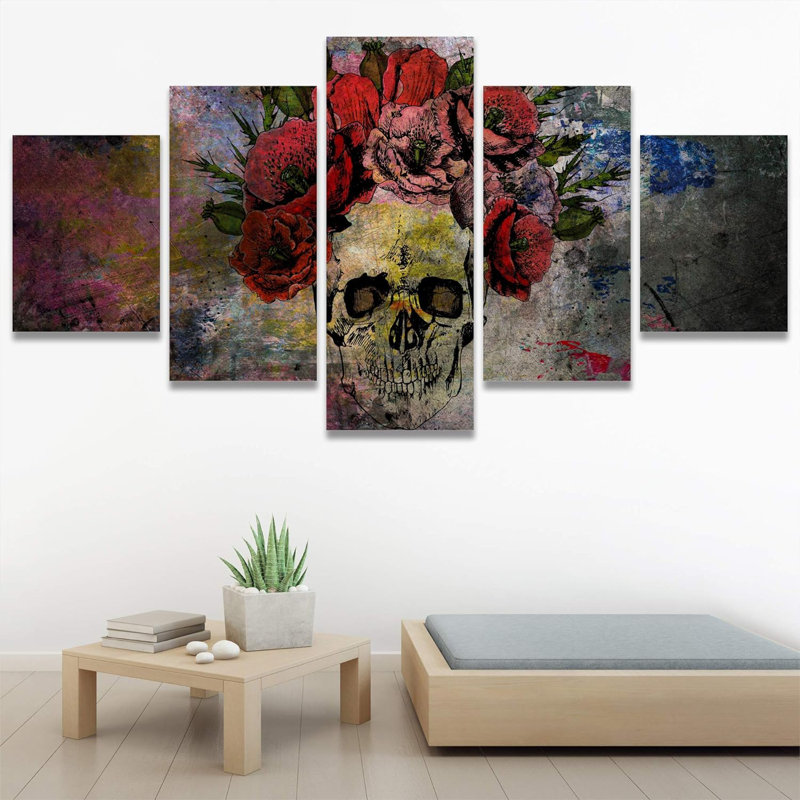 Crâne humain avec roses fleurs abstraites - impression sur toile tendue 5 pièces
