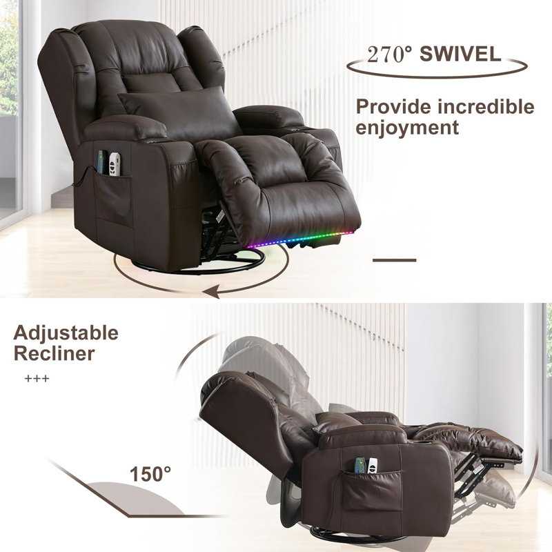 Brown Faux Leather Swivel Recliner with Massage and LED Lights