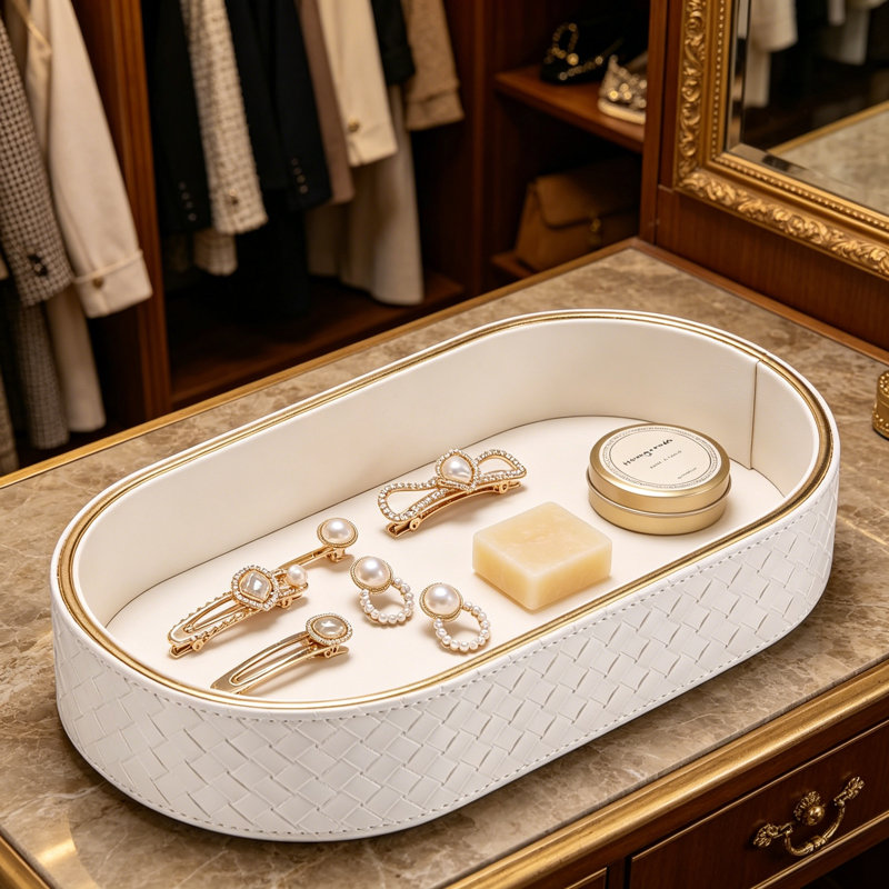 Leather Decorative Tray For Keys And Essentials - Entryway, Nightstand, And Vanity Organizer With Gold Accent Trim