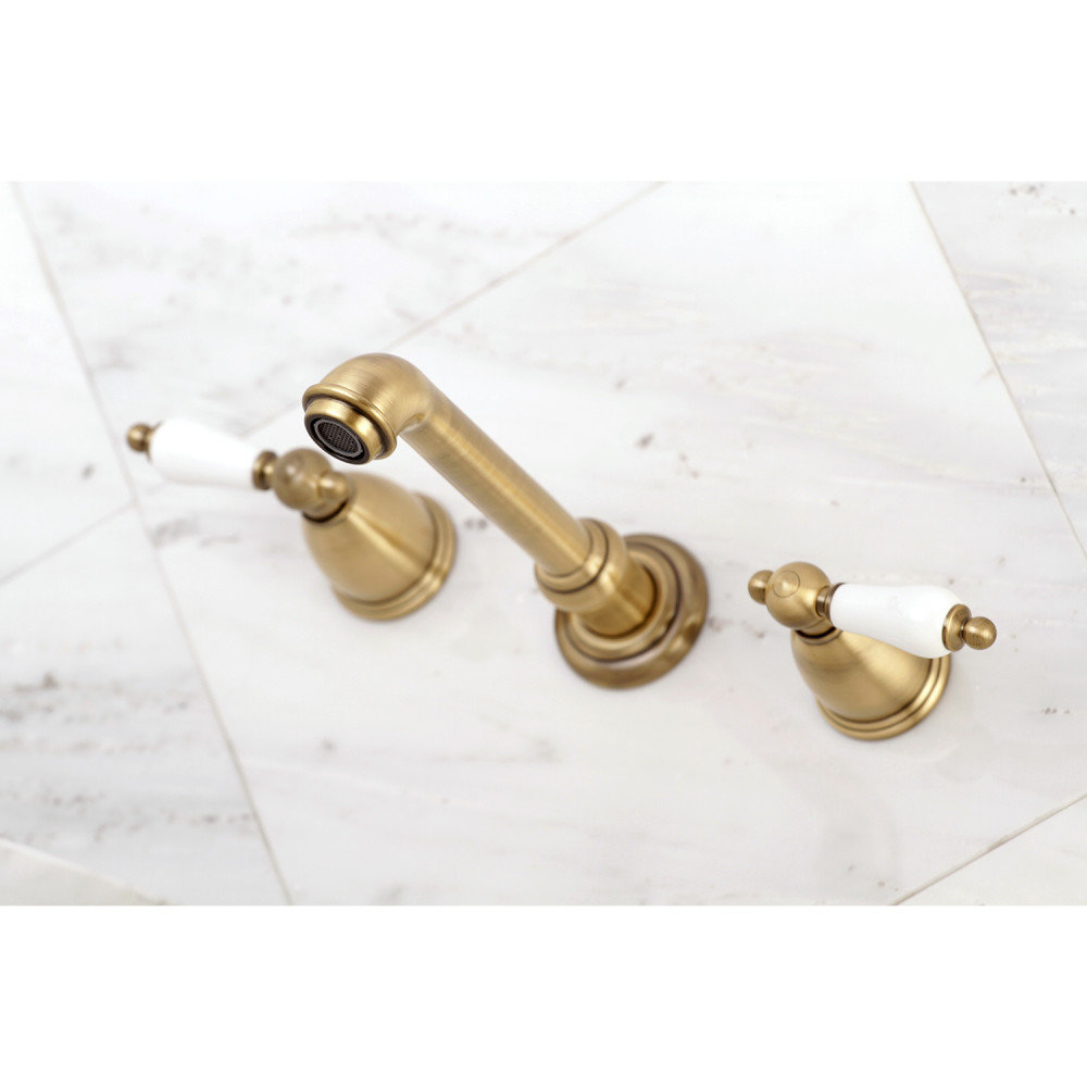 English Country Wall-Mounted Roman Tub Faucet, Antique Brass/White
