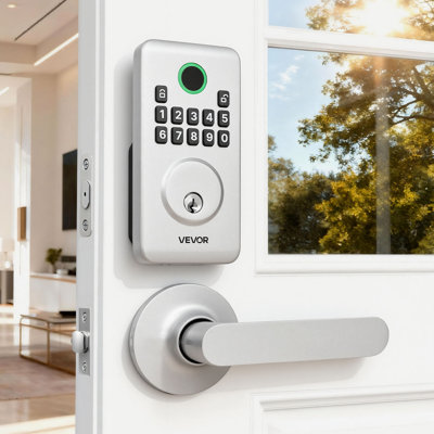 Keyless Entry Door Lock with Handle Set, Electronic Keypad Deadbolt with Lever Handles, Pioneering Easy-Grip Design, Customizable User Codes, Keyed Entry, Auto Lock, Anti-Peeking, Silver