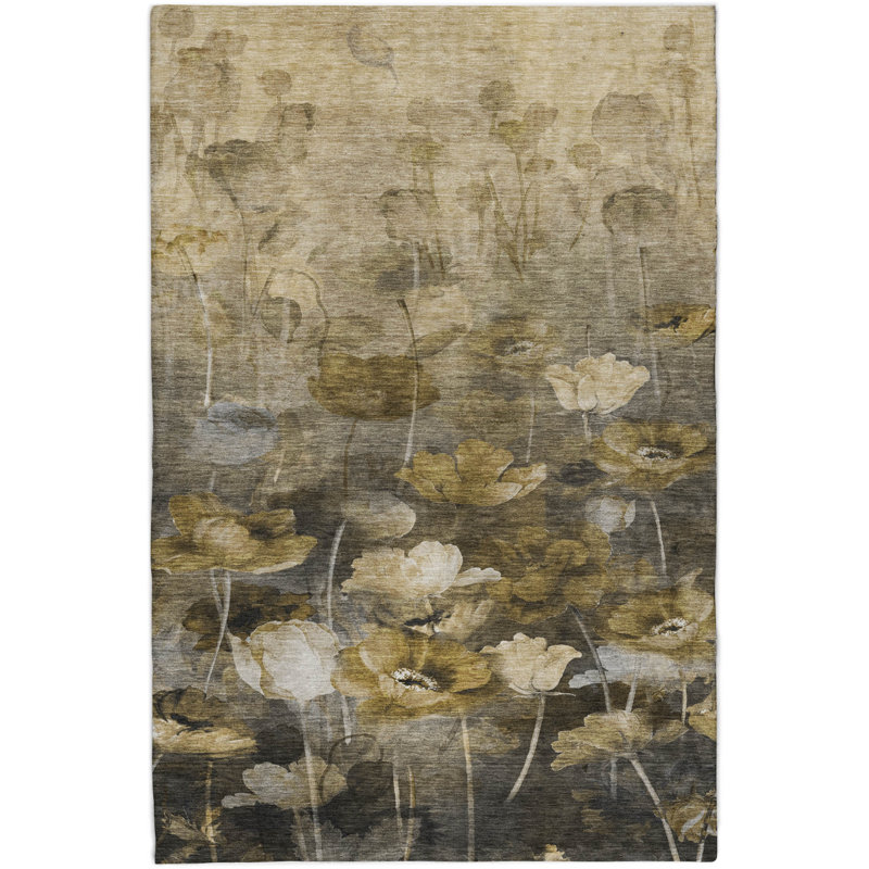 Tapis floral à poil long de qualité supérieure lavable à la machine ADS613, Taupe, 3' x 5'