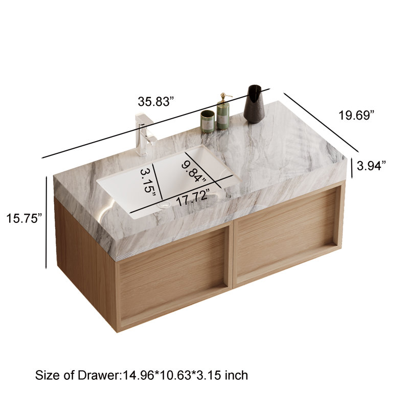 Meuble-lavabo mural moderne de 36 po, plateau de table en pierre frittée avec armoires en bois massif, meuble-lavabo flottant (fixer le lavabo seulement)