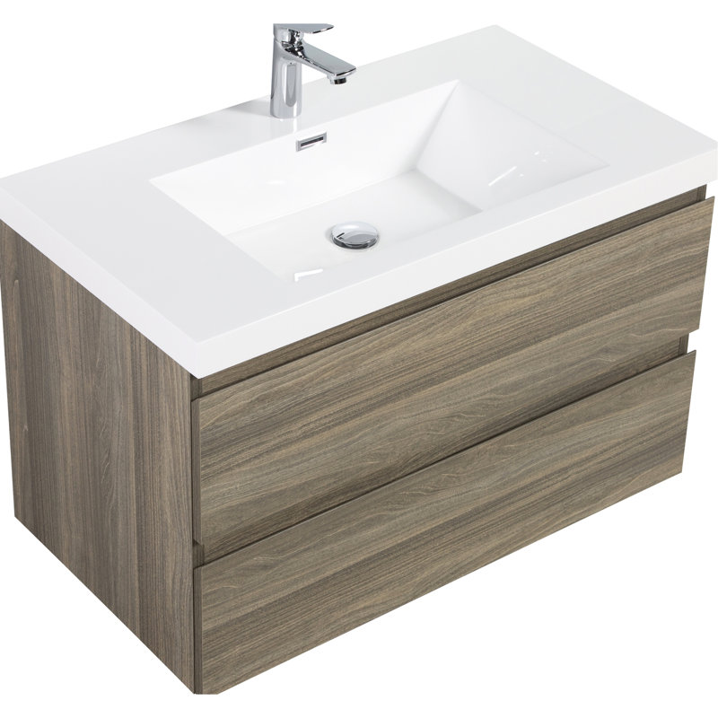 Meuble-lavabo de salle de bain 36 po, unité sophistiquée. Lavabo en résine, tiroirs à fermeture en douceur. Rangement pratique gris cendré. Évier flottant 24V11-36Ag, armoire séduisante. Glamour.