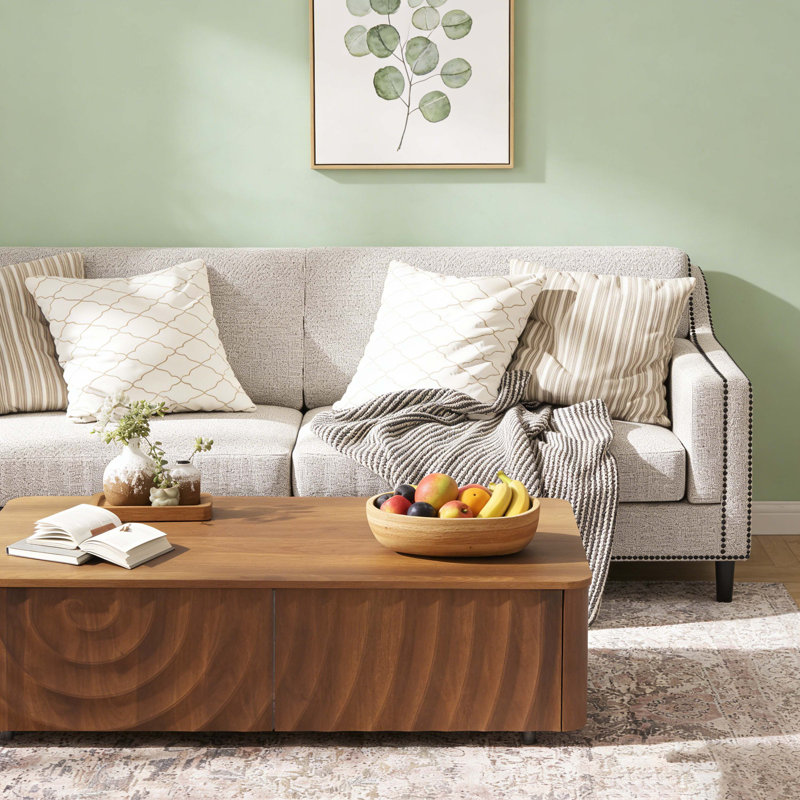 Table basse en grain de bois noyer avec tiroirs texturés 3D et rangement caché - Table de salon moderne minimaliste