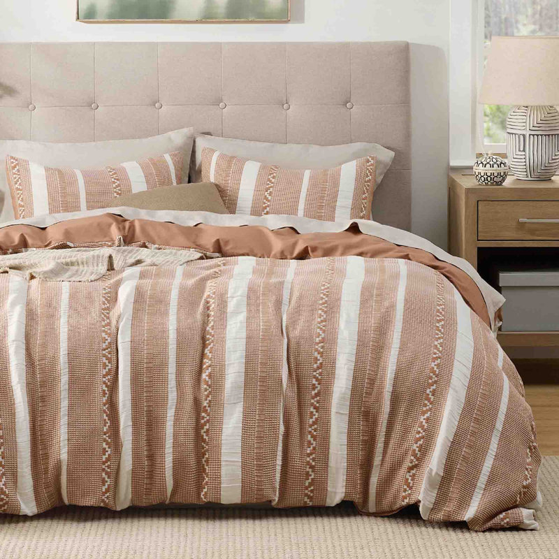 Housse de couette 100% coton gaufré, Housse de couette très grand et 2 taies d'oreille, Rayé blanc