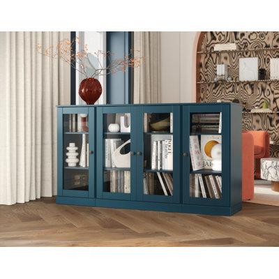 100% Solid Wood 65" Sideboard with Clear Glass Doors and Adjustable Shelves