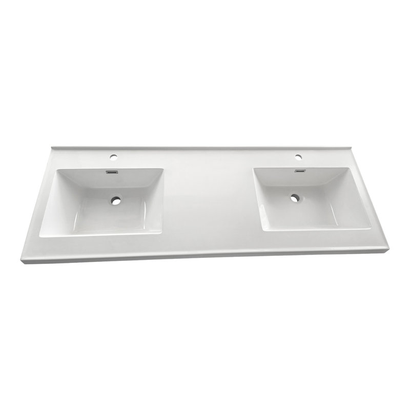 Plan de toilette Streamline GT-1280-60, 152,4 cm (L) x 55,9 cm (P), en surface solide, double lavabo rectangulaire, blanc brillant, avec dosseret intégré.