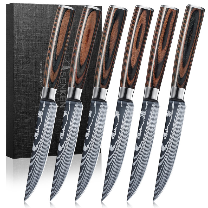 Ensemble de couteaux à steak 6 pièces Senken Knives «Imperial» avec poignées en bois à finition lisse et motif damas, pales en acier à haute teneur en carbone, boîte-cadeau de luxe