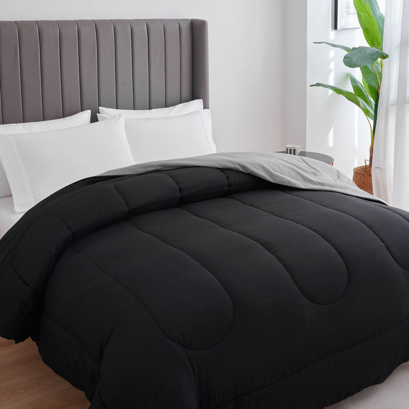  Édredon simple réversible toutes saisons en duvet synthétique, Noir / gris, Édredon double / grand