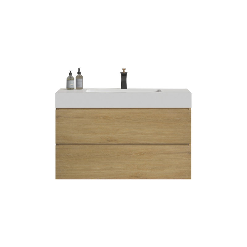 Meuble-lavabo mural 36 po en chêne avec lavabo noir, grand meuble-lavabo flottant mural pour salle de bain moderne, lavabo une pièce noir sans drain, pré-assemblé