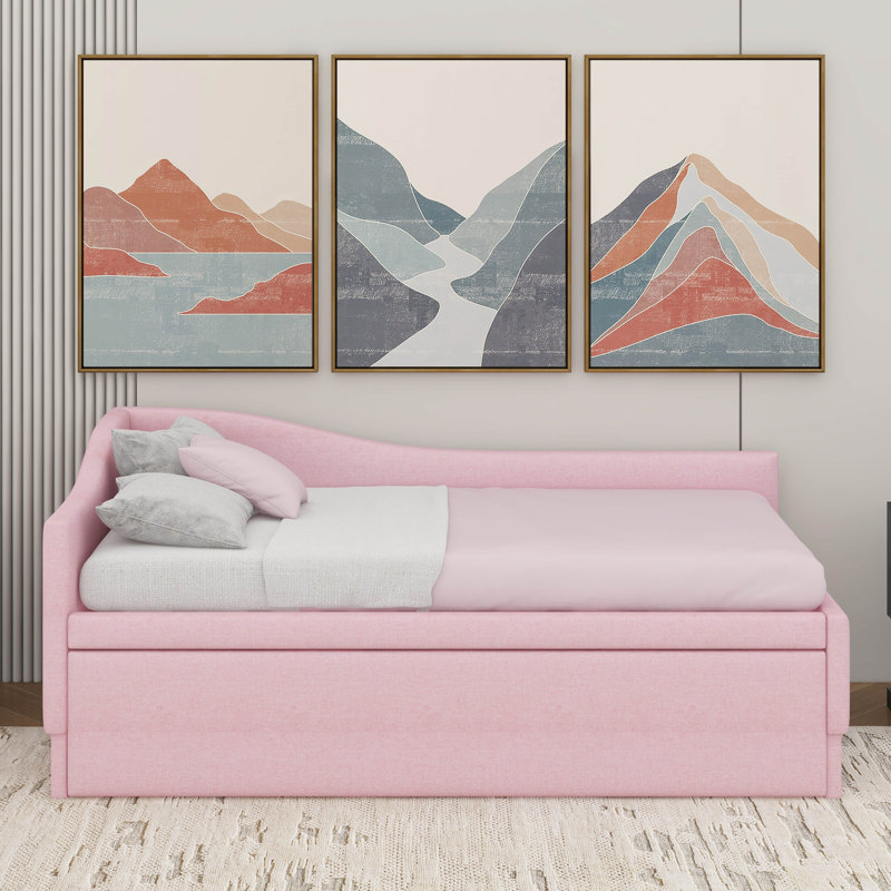 Twin Size Upholstered L-Shaped Upholstered Daybed With Trundle, Pink