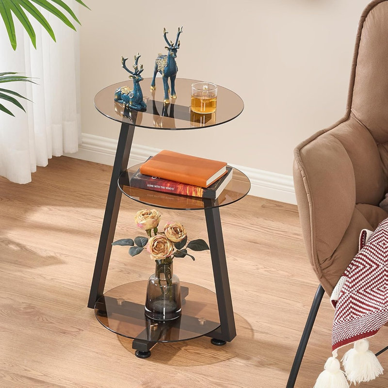 Table de bout ronde à 3 niveaux - Plateau en verre trempé avec structure en métal - Table d'appoint, de chevet ou d'appoint pour le salon ou la chambre à coucher, Tawny