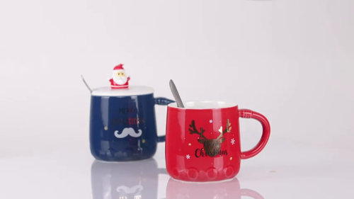 Santa's Christmas Reindeer Mug Festive with Spoon and Santa Hat Lid -  Ceramic Microwave & Dishwasher Safe - 14oz Holiday Mugs for Coffee, Hot