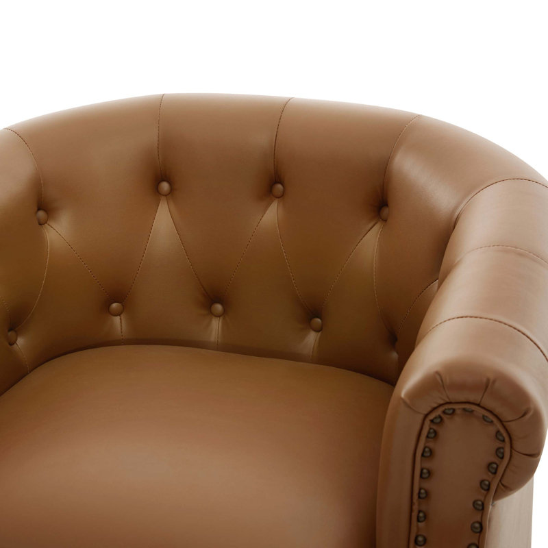 Fauteuil pivotant à 360° avec capitonnage et piètement en bois courbé, Brun