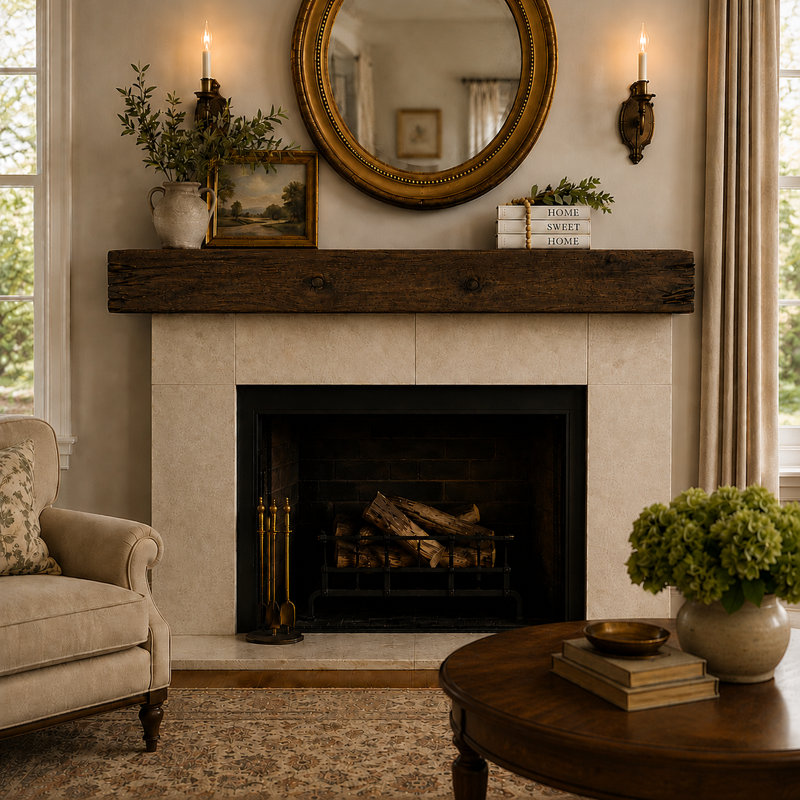 Distressed Fireplace Mantel, Rustic, 60", Jacobean