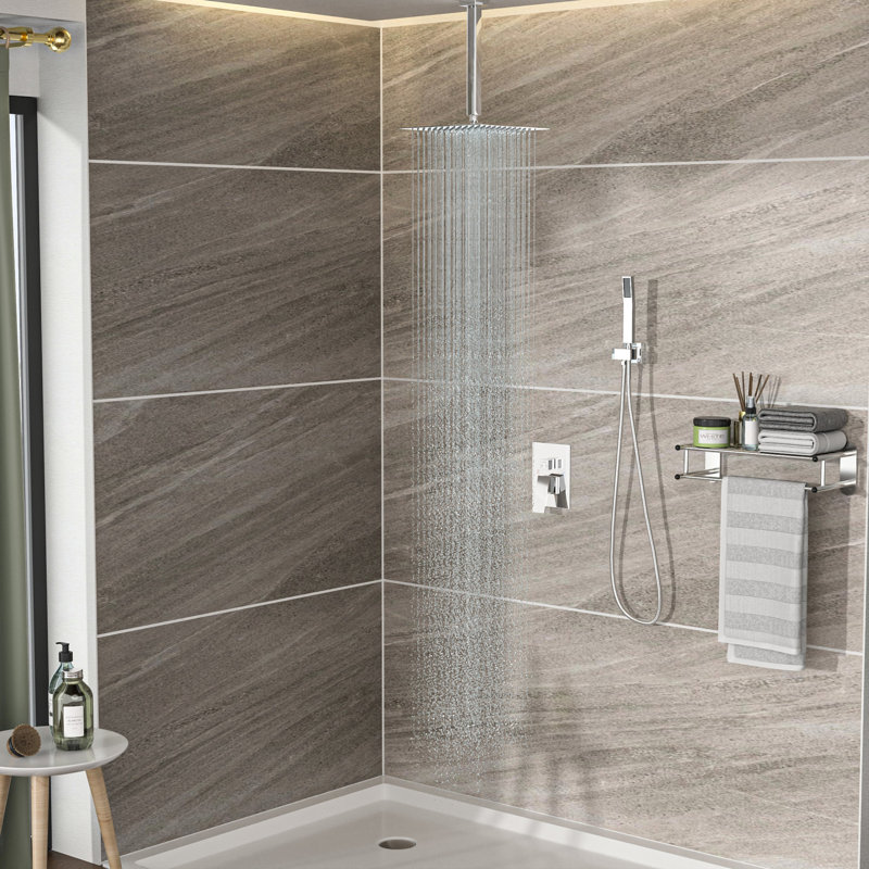 Douche de 16 po à fixation au plafond - double tête avec soupape équilibrée, pluie et installation à la main, résistance à l'oxydation facile, système carré de 16 po de flottabilité