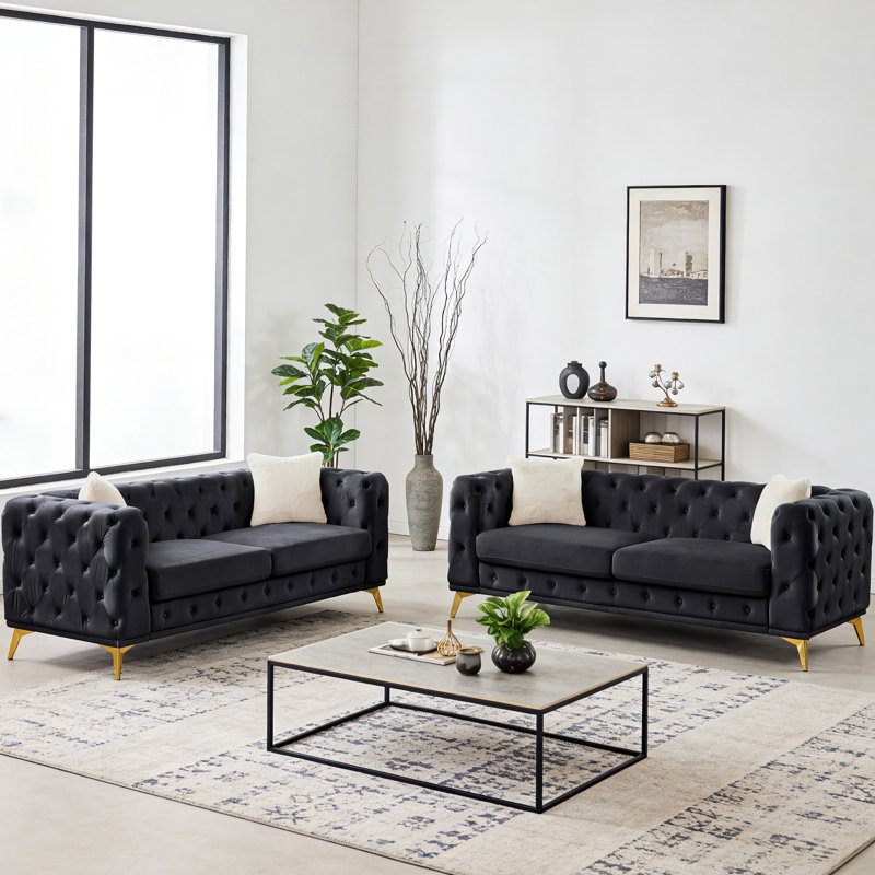 Ensemble de canapé chesterfield Mid-Century en velours avec capitonnage et pieds en métal, Noir