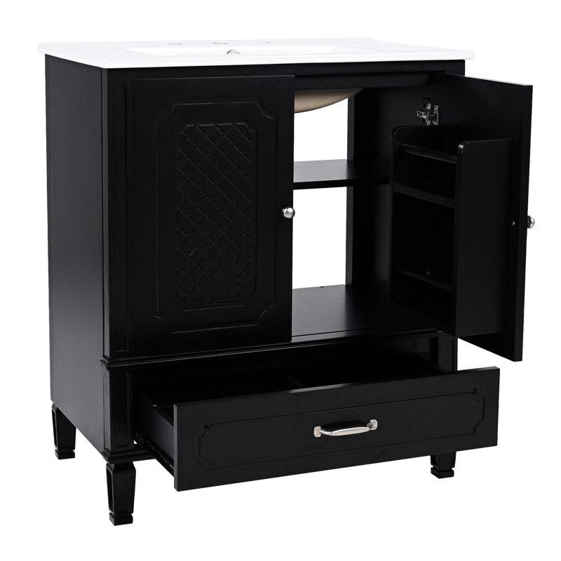Meuble-lavabo double 60 po à double cuve de style classique, grand rangement, portes à fermeture en douceur avec lavabo, 2 armoires, tiroirs, design rétro, facile à nettoyer
