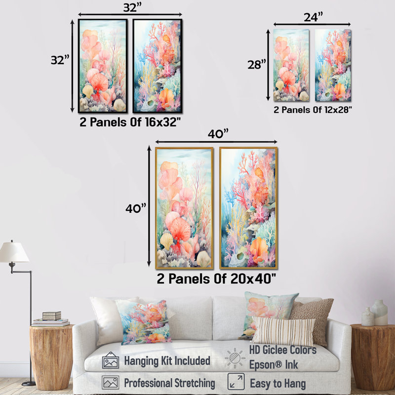 Aquarelle corail pastel - Ensemble de 2 décorations murales corail sous l'eau, Cadre flottant doré, H 28 po x l 25 po