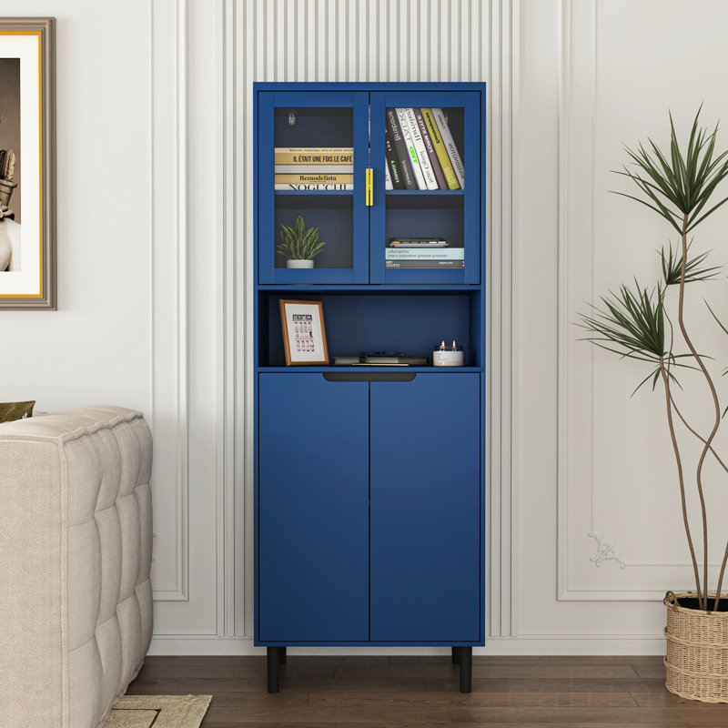 Tall Blue Lockable Bathroom Storage Cabinet with Glass Doors