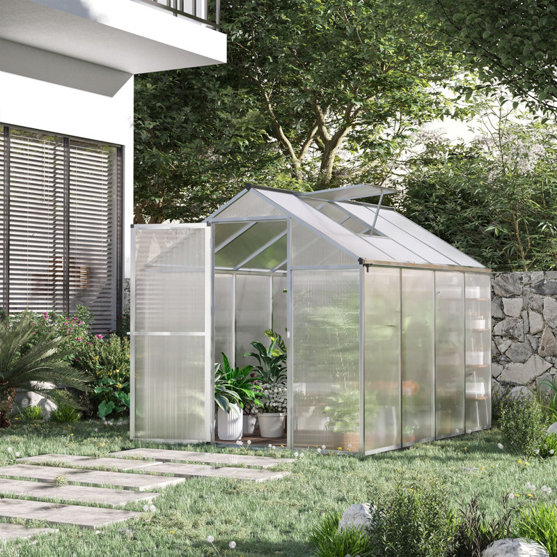 Serre en polycarbonate de 8 pi L x 6 pi avec évent de toit pour la ventilation et gouttière pour l'hiver