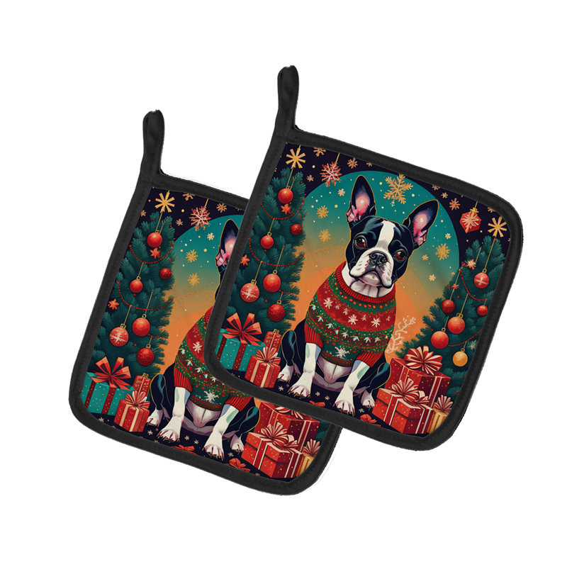 Paire de poignées Boston Terrier Christmas