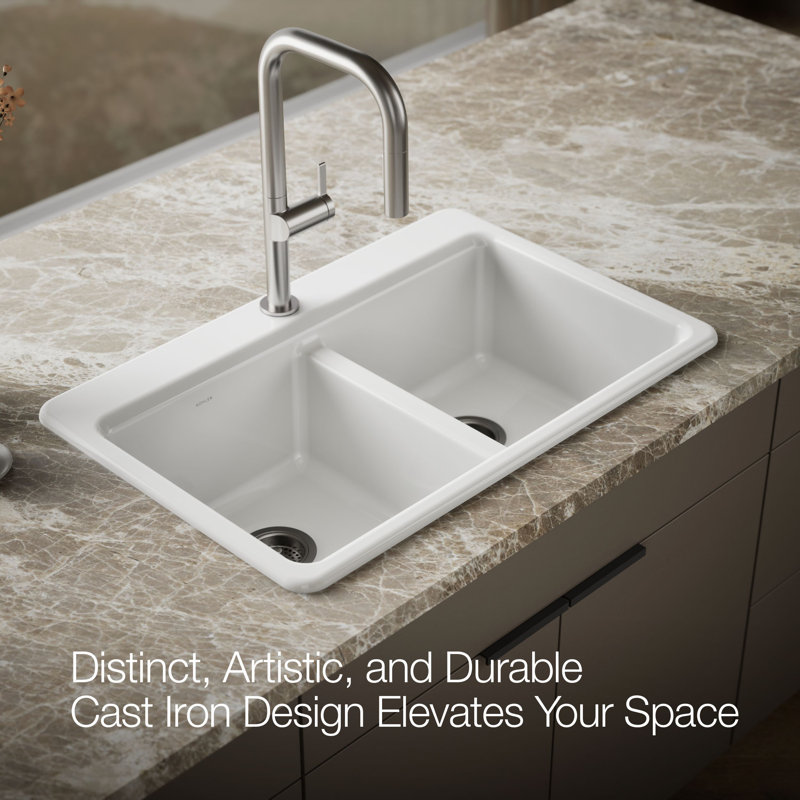 Riverby 33 In. Top-Mount Double-Bowl Kitchen Sink, 1 hole, White, Double-equal bowls
