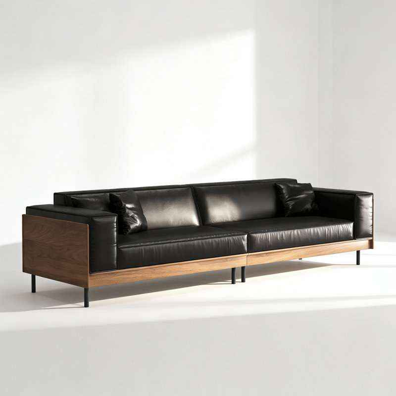 Canapé de 106,6 po en cuir moderne, canapé de salon rembourré avec structure en bois massif, pieds en métal, panneaux en grain de bois et 3 coussins