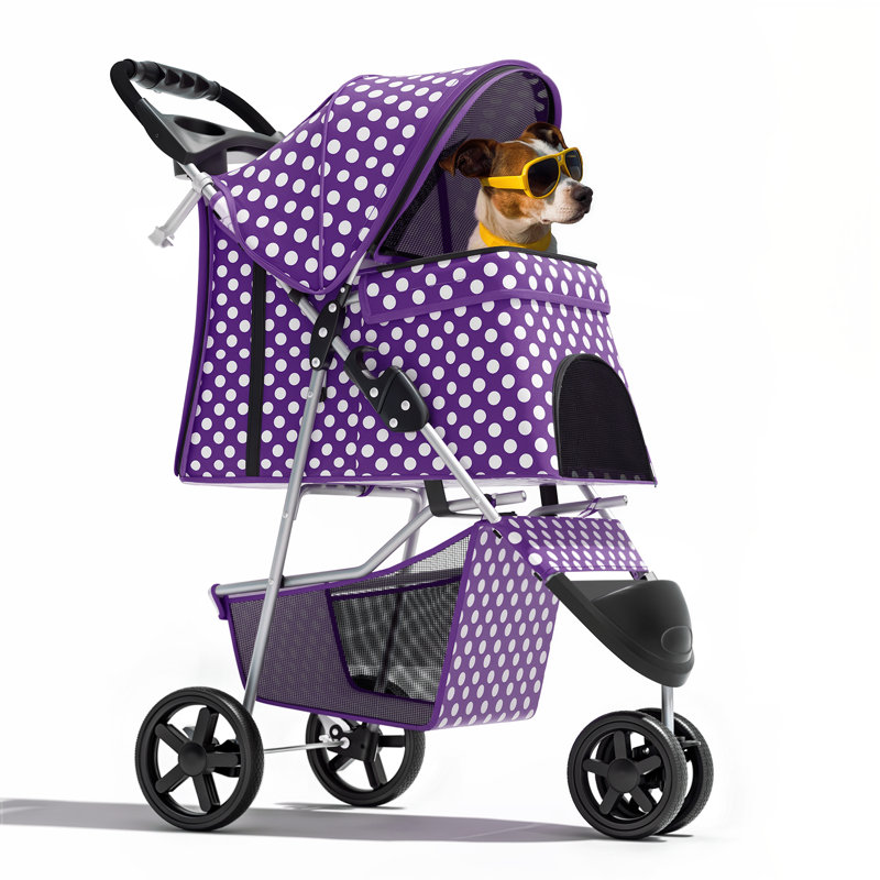 Foldable Pet Dog and Cat Stroller with Adjustable Canopy Storage Basket and Cup Holder for Small and Medium Pets, Purple