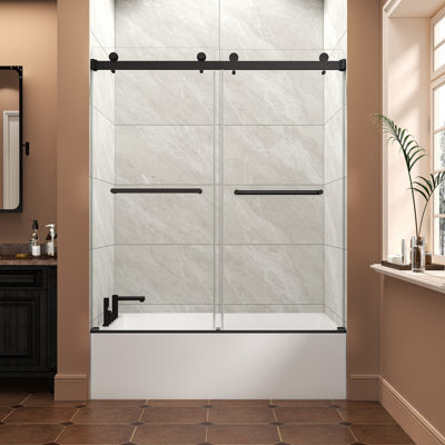 55 po x 60 po x H 60 po noir mat Installation réversible Porte de douche coulissante double Installation facile Baignoire sans cadre, verre trempé 5/16 po (8MM) avec film antidéflagrant Nano
