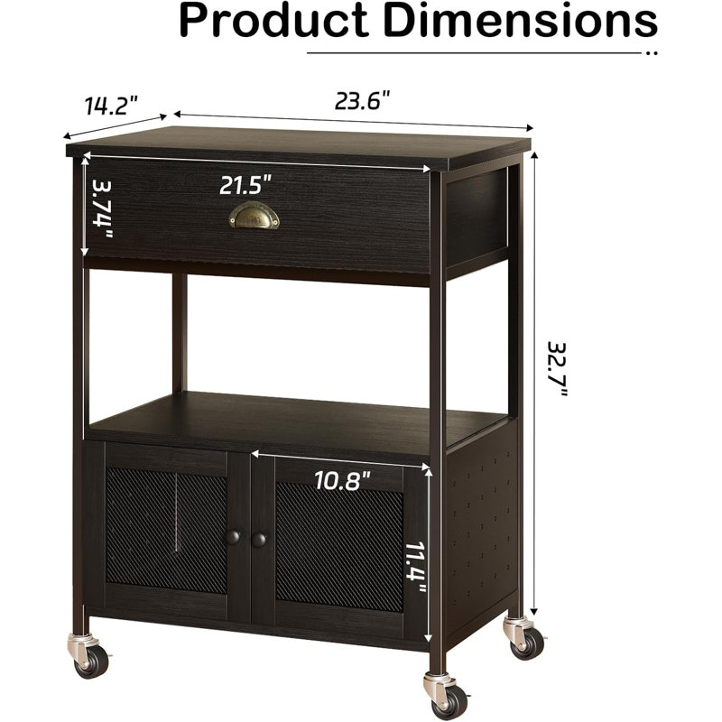 Coffee station, small microwave stand with drawer, movable farmhouse coffee station with table on wheels, Black