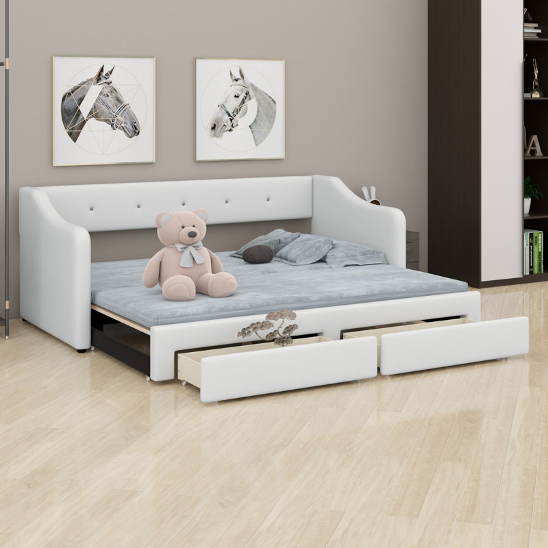 Space Saving Upholstered Daybed, Equipped with Two Drawers, Beige