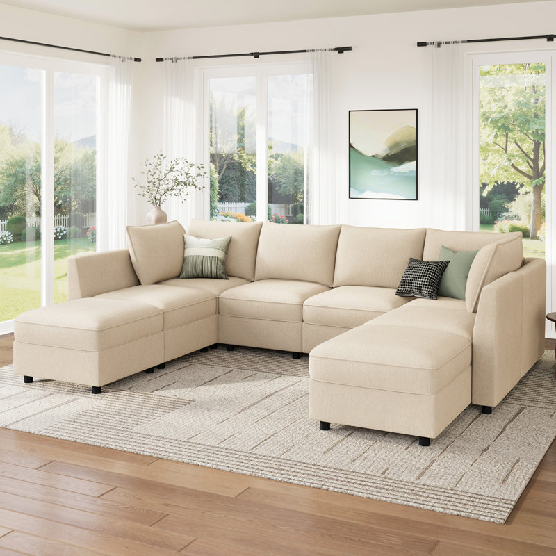 Tremee U Shaped Modular Sleeper Sofa Sectional Sofa With Storage Beige, Beige Polyester