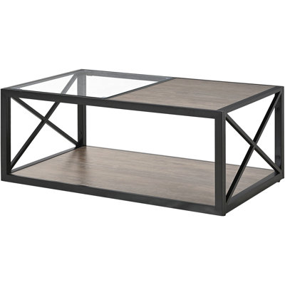 Modern Style Coffee Table For Multiple Rooms, Tempered Glass And Rustic Wood Grain, Stable Structure, 39.7Lbs Weight Industrial With Grain Smooth Glass, Ample Room Decor, Net