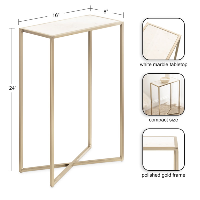 Everly Quinn Jaspur Narrow and Metal Rectangle Side Table, Marble White/Gold