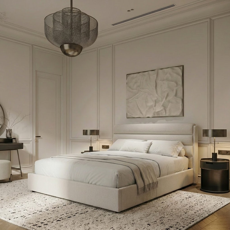 Linen 3-Panel Headboard Queen Bed Frame with Lift Up Storage, No Box Spring Needed, Ivory, Ivory, Queen