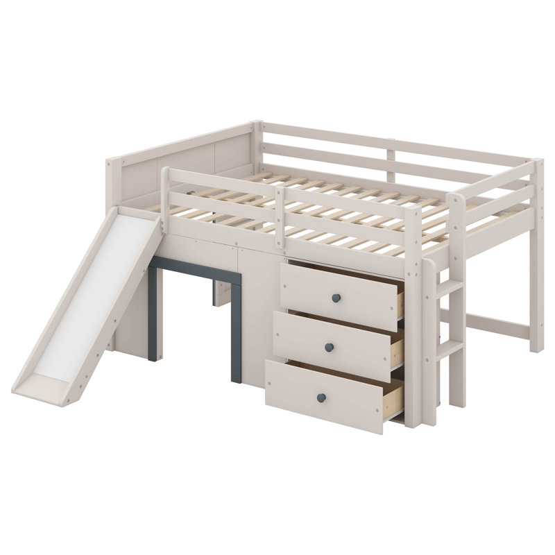Full Size Low Loft Bed With Slide, Wood Bed Frame With Three Storage Drawers And Two Doors,No Box Spring Needed