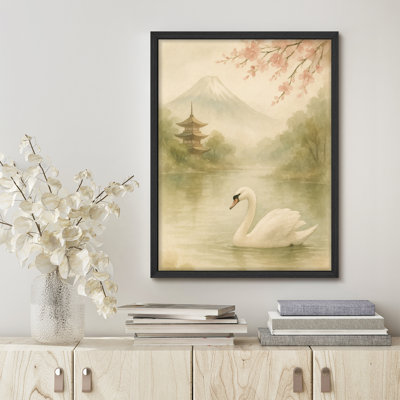 Framed Wall Art Print - Serene Japanese Swan Lake with Cherry Blossoms and Mt. Fuji, Watercolor Asian Art, Perfect for Bedrooms or Zen Spaces
