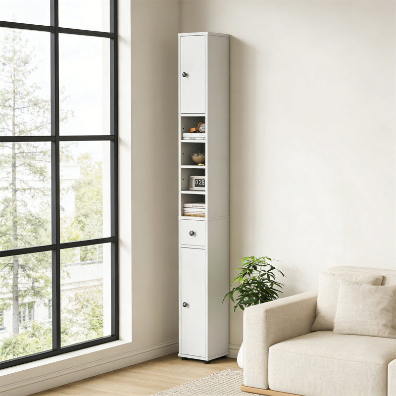 71" Tall Slim White Bathroom Storage Cabinet With 2 Doors, 1 Drawer & 5 Adjustable Shelves, White