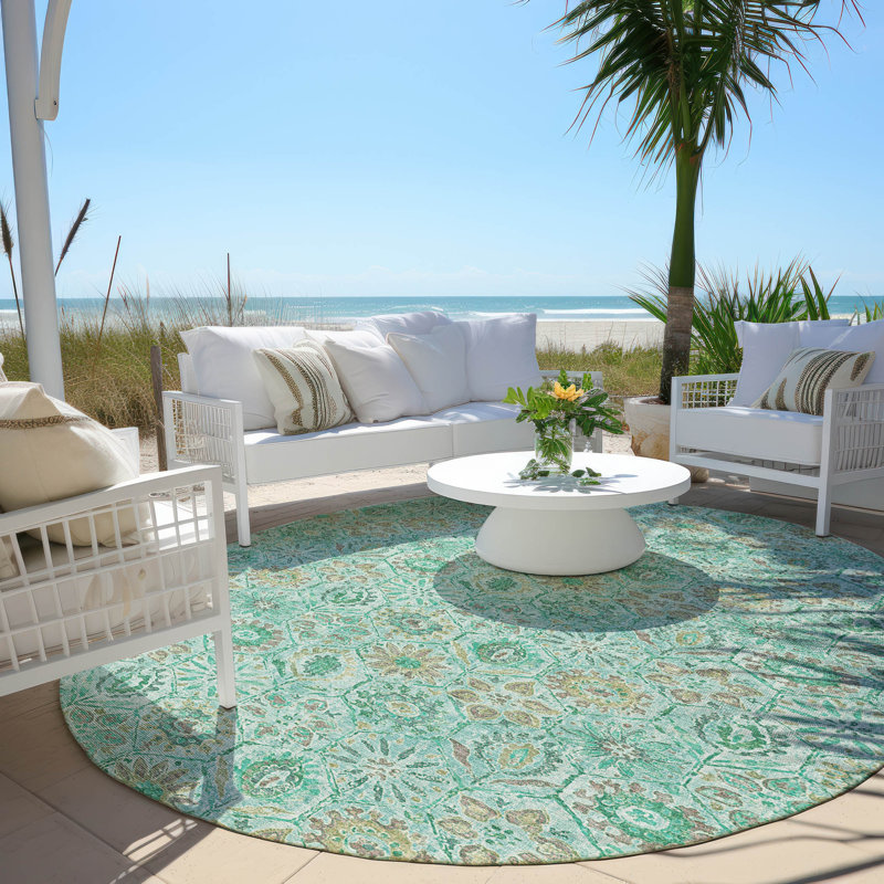 Tapis turquoise Xhevrie intérieur / extérieur lavable à la machine, Rond 8 pi