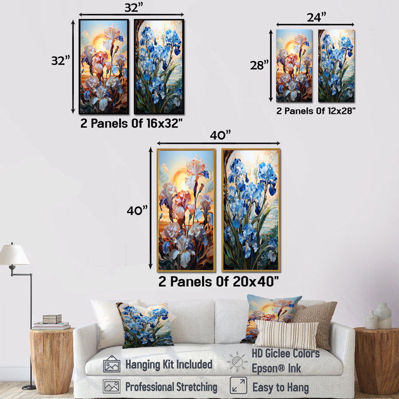 Iris sur fond de soleil au lever du soleil - Ensemble de 2 décorations murales Iris, H 32 po x l 33 po, Toile tendue