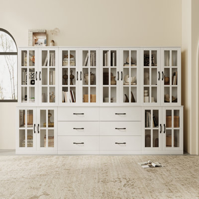 71"H X 157"W Bookcase With Glass Doors,Modular Modular Book Cabinet