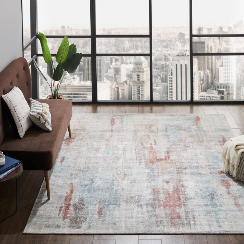 Viscose Abstract Indoor Rug, Rectangle  7'6" x 9'6", Tan/Blue/White